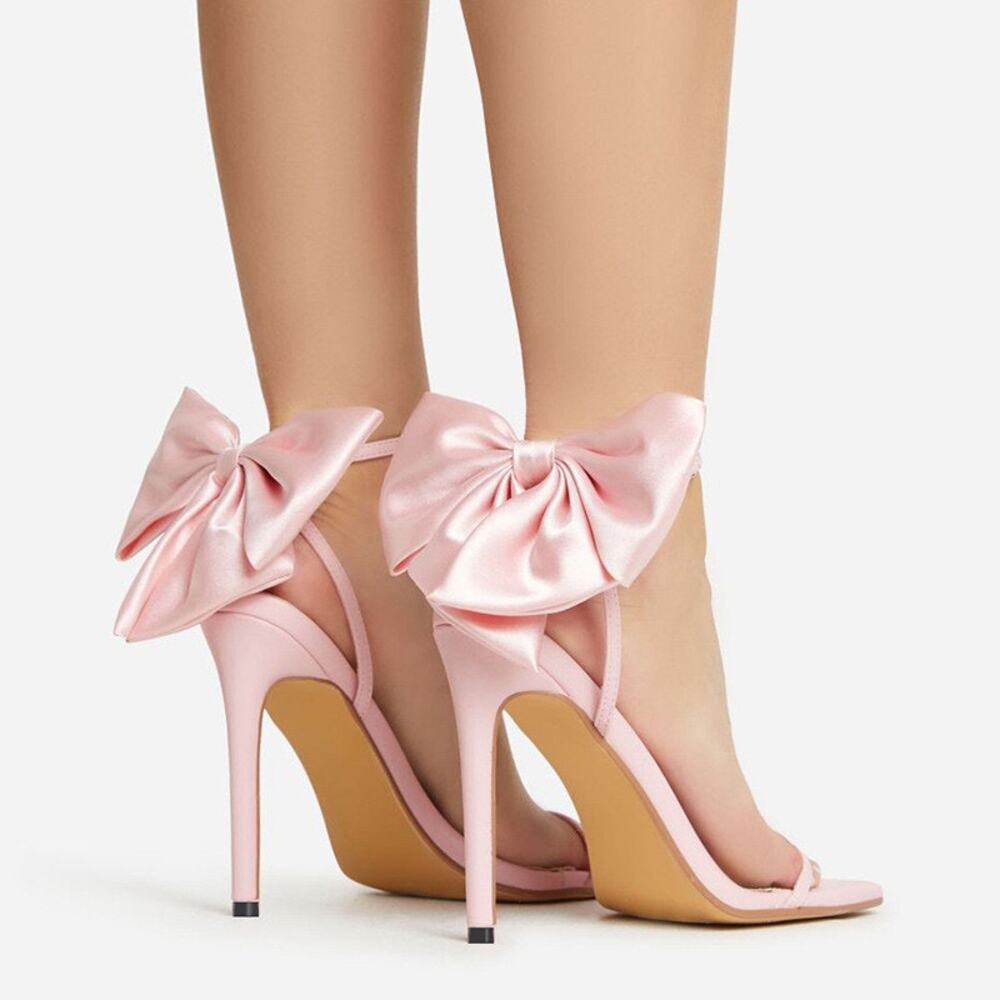Satin Pink Statement Bow Ankle Formal Homecoming Preppy 5” Lace Up Heels